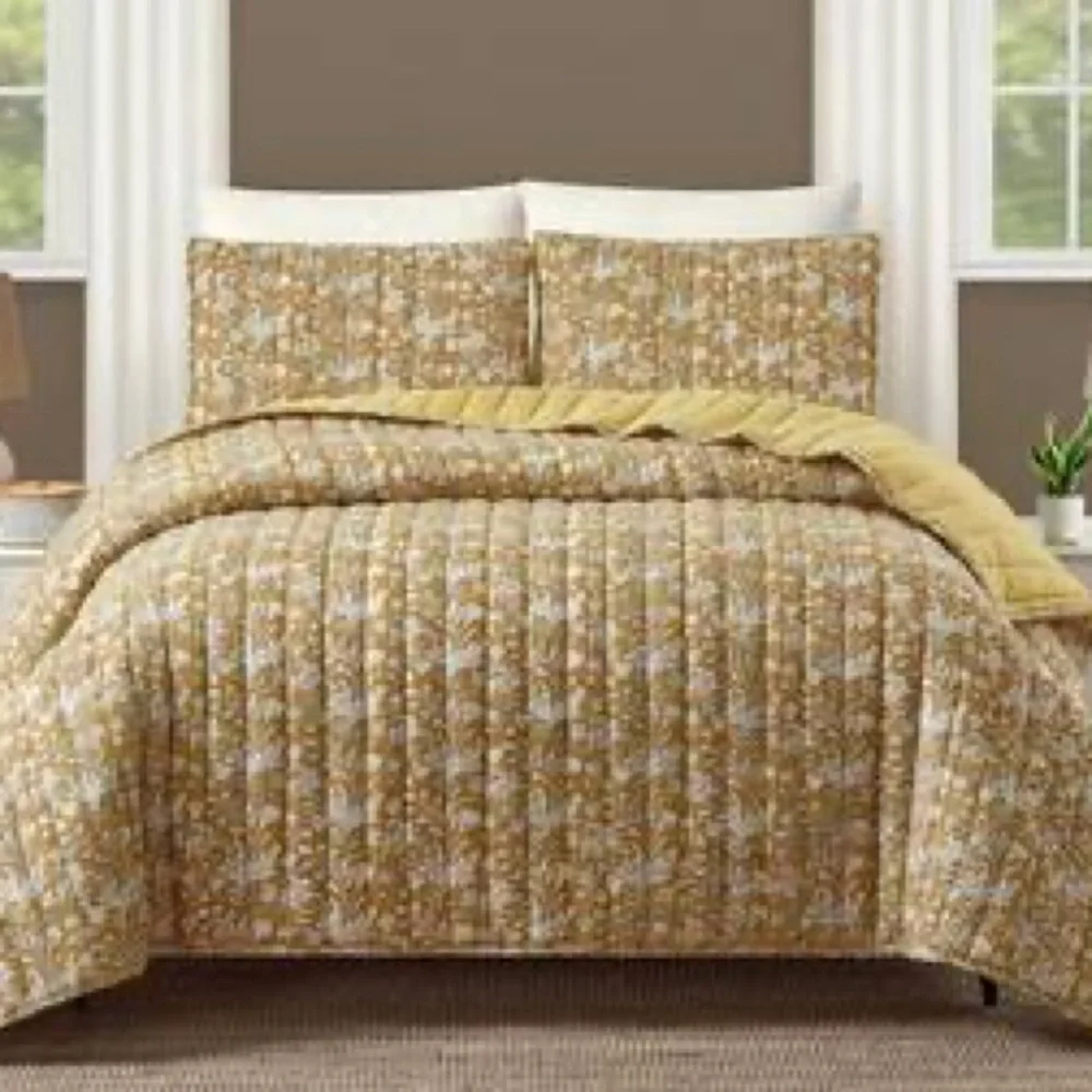 Laurel & Mayfair Gold Block Print Floral Cotton Voile Queen Quilt Set 3pc Gold